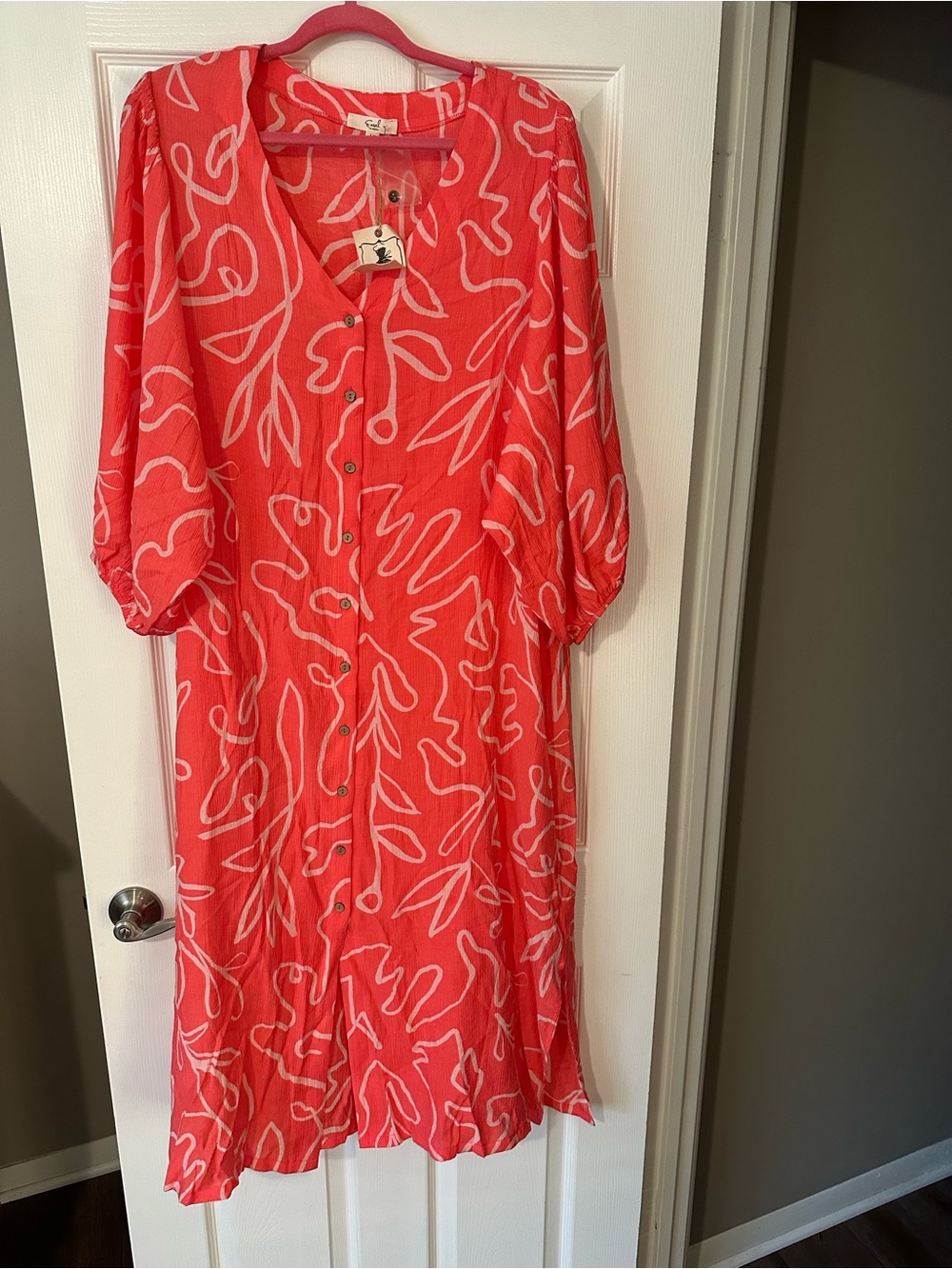 easel Coral-White Button-Front Midi Dress